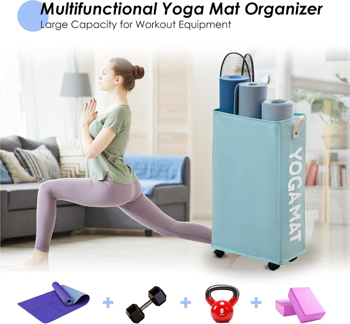 Yoga Mat Storage Rack, Yoga Mat Holder Accessories, Home Gym Equipment Storage Yoga Mats, Women Men Workout Equipment Organization with Wheels