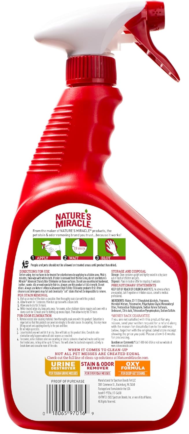 Nature’s Miracle Advanced Stain and Odor Eliminator Dog Spray, Fresh Scent, Severe Mess Enzymatic Formula For Tough Pet Messes, 32 oz