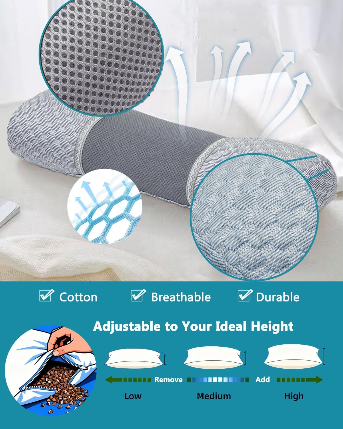 Buckwheat Hull Neck Roll Pillow -15.7" x4.7” Adjustable Firmness Cervical Support for Sleep & Yoga, Cooling Floral Cotton Cover, Ergonomic Bolster Pillow, Blue