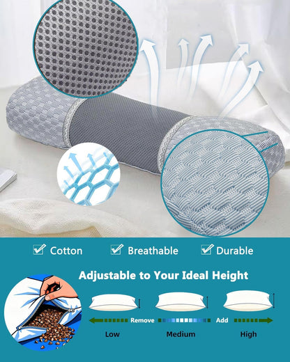 Buckwheat Hull Neck Roll Pillow -15.7" x4.7” Adjustable Firmness Cervical Support for Sleep & Yoga, Cooling Floral Cotton Cover, Ergonomic Bolster Pillow, Blue