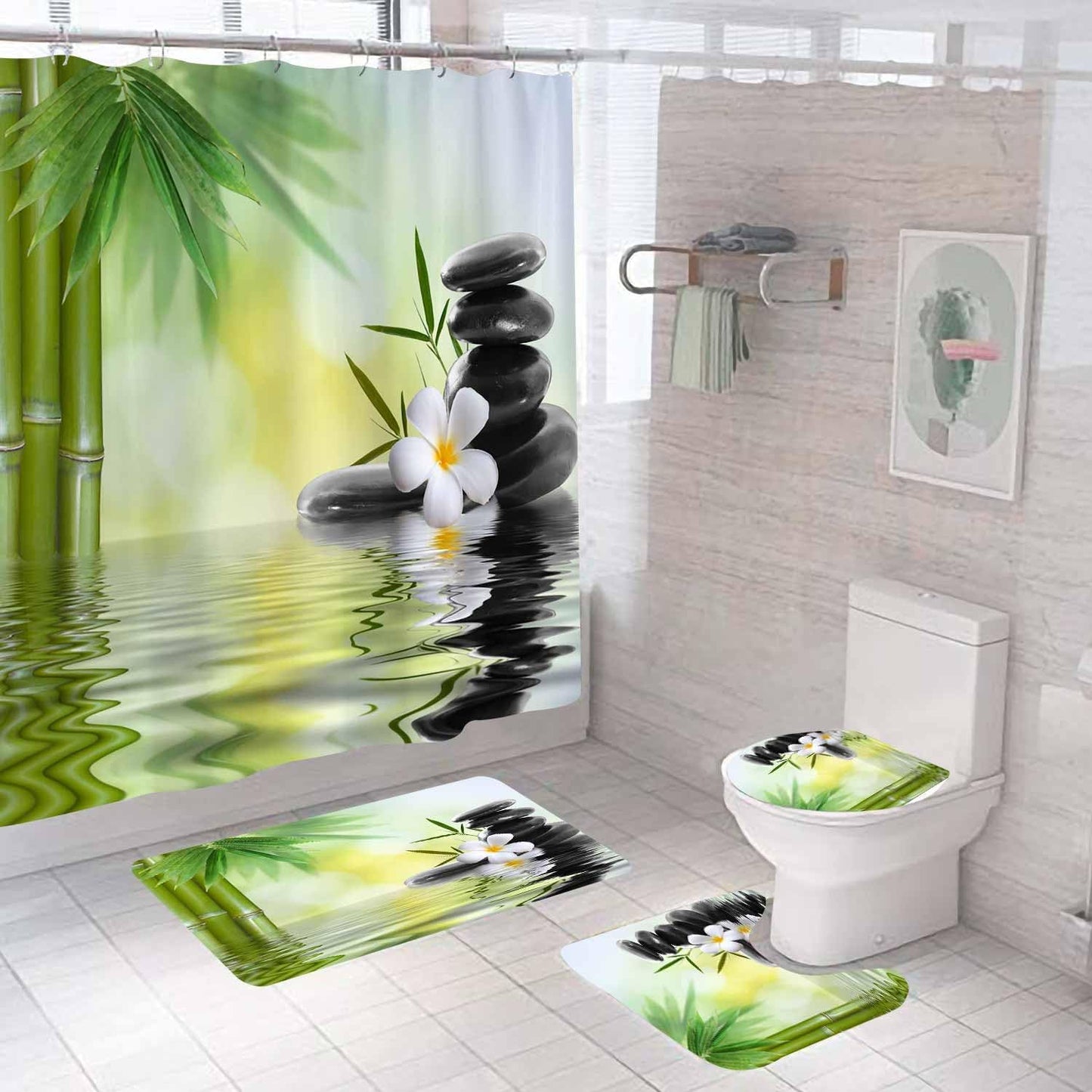 4PCS Spa Zen Shower Curtain Sets with Rugs, White Shower Curtain, Pink Floral Orchid Lotus Water Lily Stone Bamboo Water Reflection Yoga Massage Relaxing Spiritual Meditation Bathroom Decor