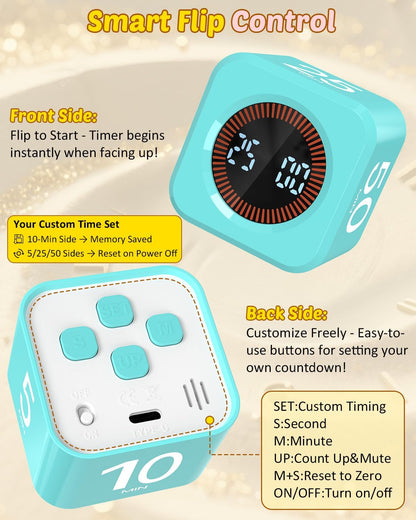 Digital Pomodoro Timer Cube 5/10/25/50min, Visual Productivity Flip Timer for Kids Classroom Desk, Custom Countdown, Silent and Sound Mode for ADHD Study Work Game Kitchen (Black)