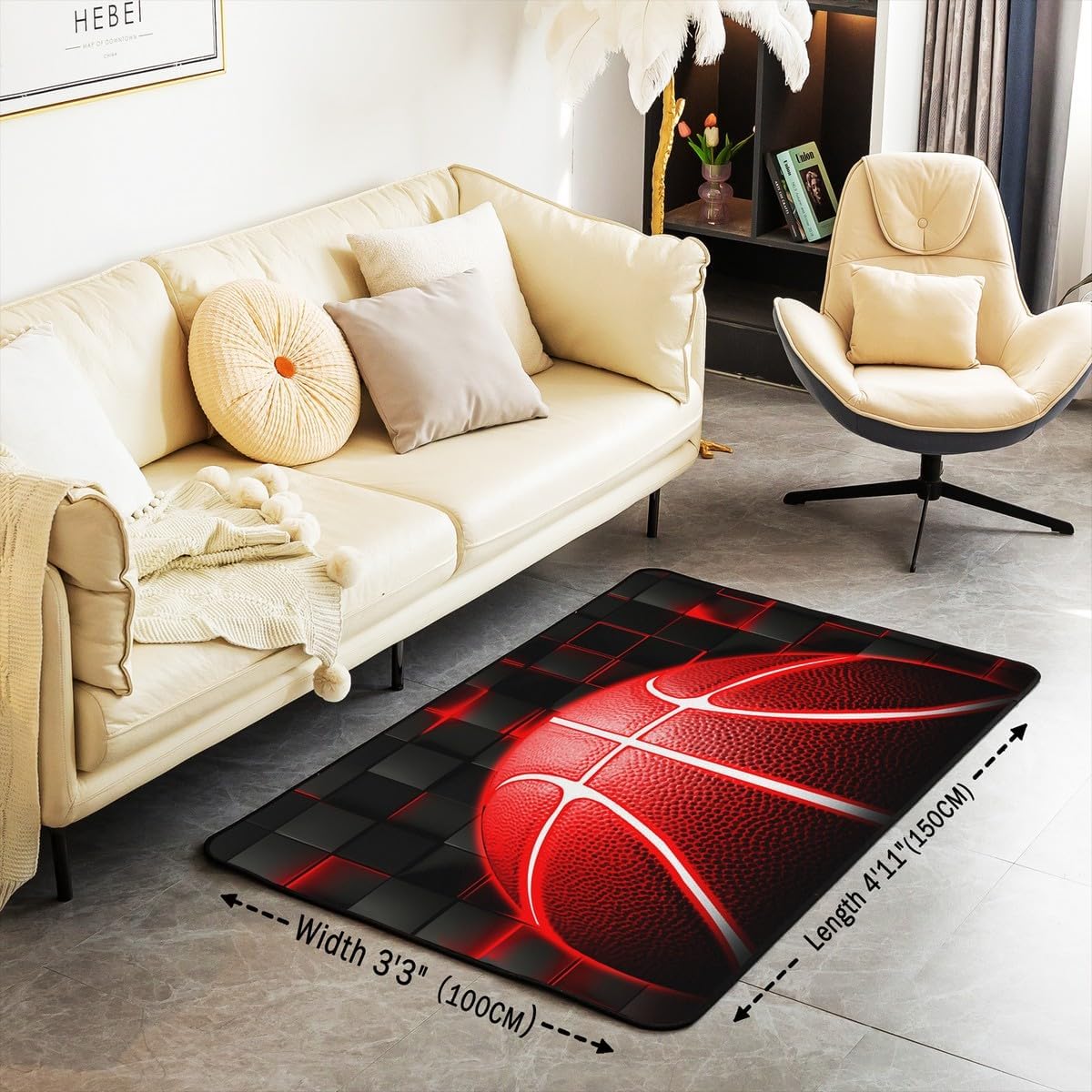 jejeloiu Basketball Living Room Rugs for Bedroom 5x7 Kids Gaming Sports Decor Carpet for Boys Girls Teens Ball Games Area Rug Soft Gift for Basketball Lover Grey and Black Room Decor