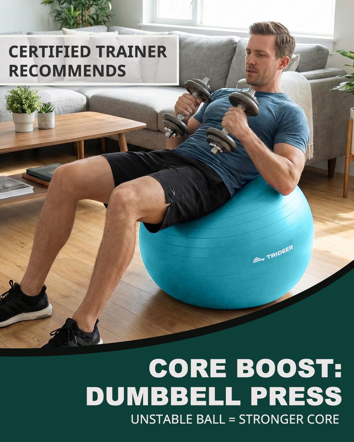 Trideer Exercise Ball for Yoga, Pilates & Fitness – Stability Ball Equipment for Home Gym & Office Chair, Core & Balance Training Accessories, Physical Therapy Equipment, Quick Pump Included, 5 Sizes