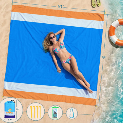 BYDOLL Beach Blanket Waterproof Sandproof Large Sand Free,78''X81''/10'X9' Oversized Sandless Lightweight Blanket Picnic Mat for Beach Travel Camping Hiking with Stakes