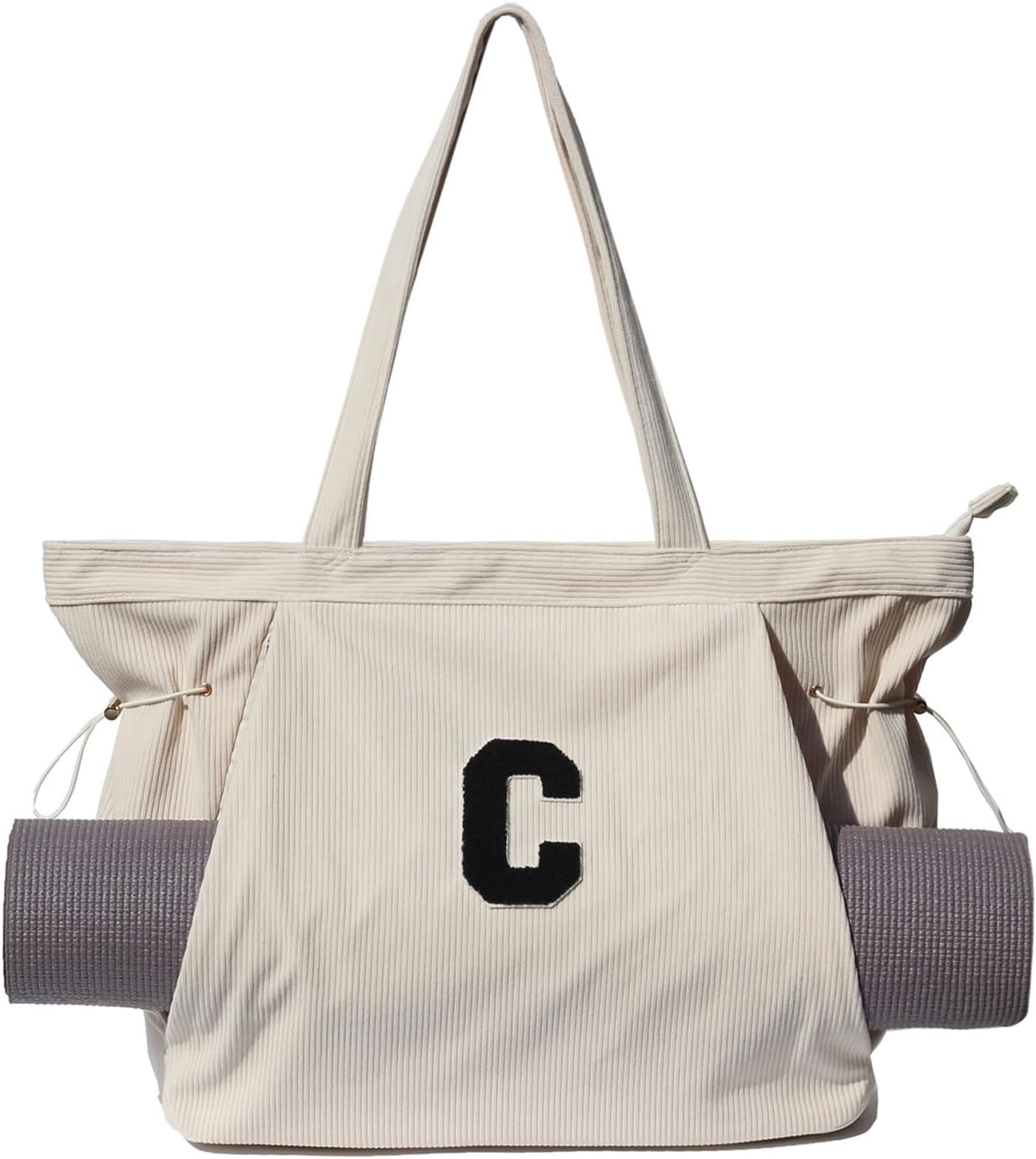 ESVAN Corduroy Yoga Tote Bag Gifts for Women Drawstring Yoga Mat Bag for Office Workout Travel Carryall Pilates Gym