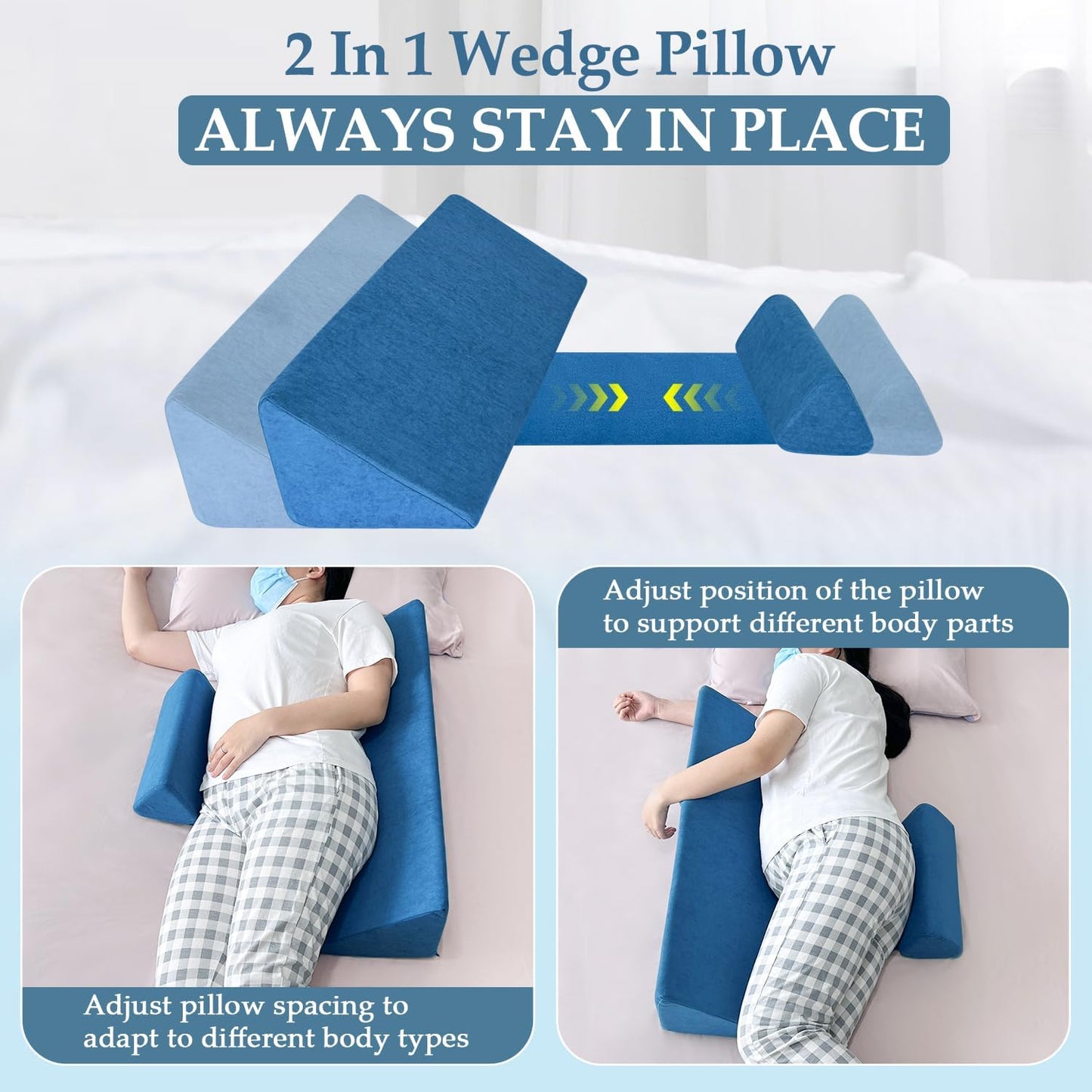 Bed Wedge Pillow For Sleeping Seniors Post Surgery Incline Pillow Bedsore Pressure Relief Cushions For Butt Lifting Patient Turning Triangle Foam Wedges For Bed Positioning Body Back Support (Blue)