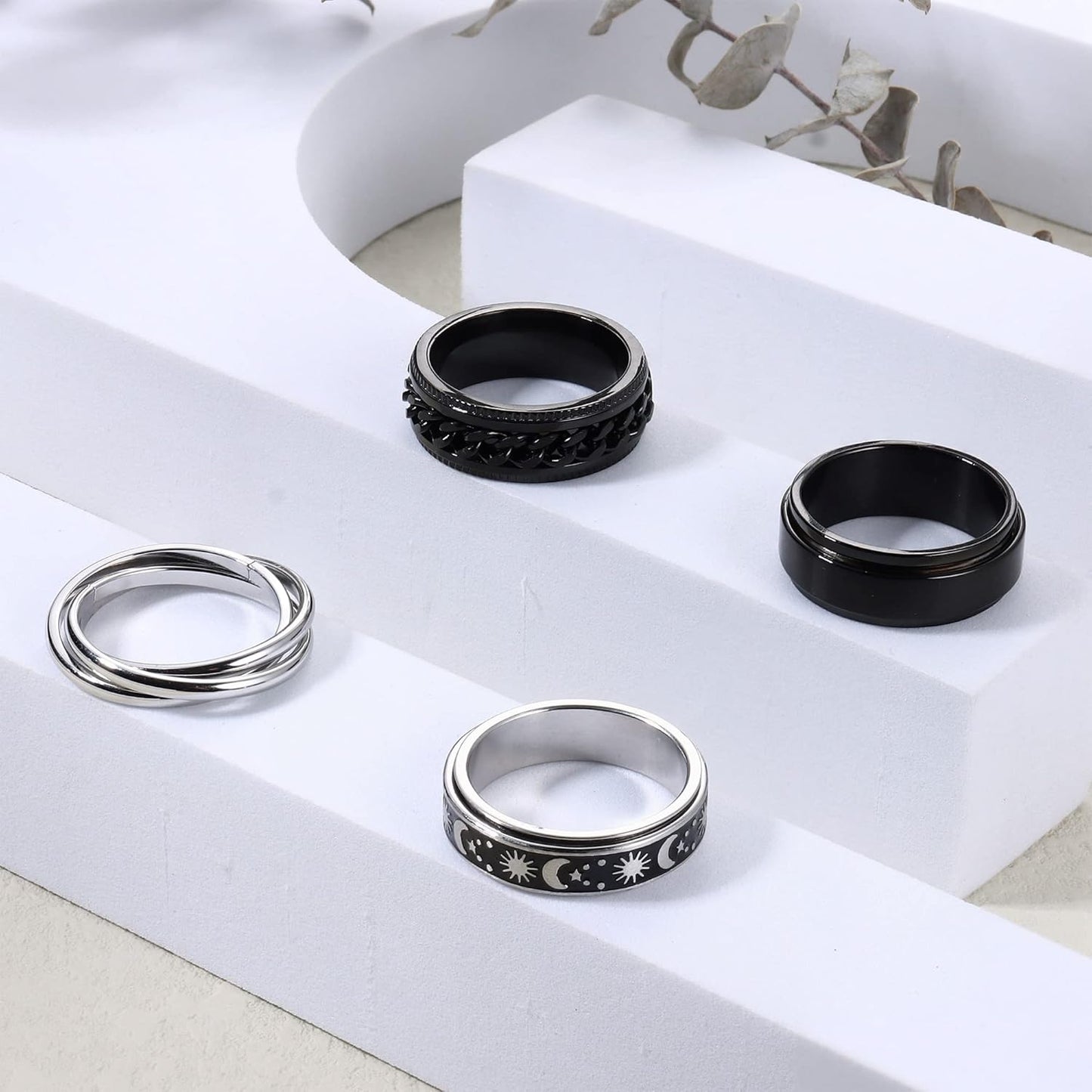 FUNRUN JEWELRY Stainless Steel Fidget Anxiety Ring for Women Men Fidget Spinner Rings Moon Star Celtic Stress Relieving Spinning Ring Wedding Band Rings Set,4-6Pcs