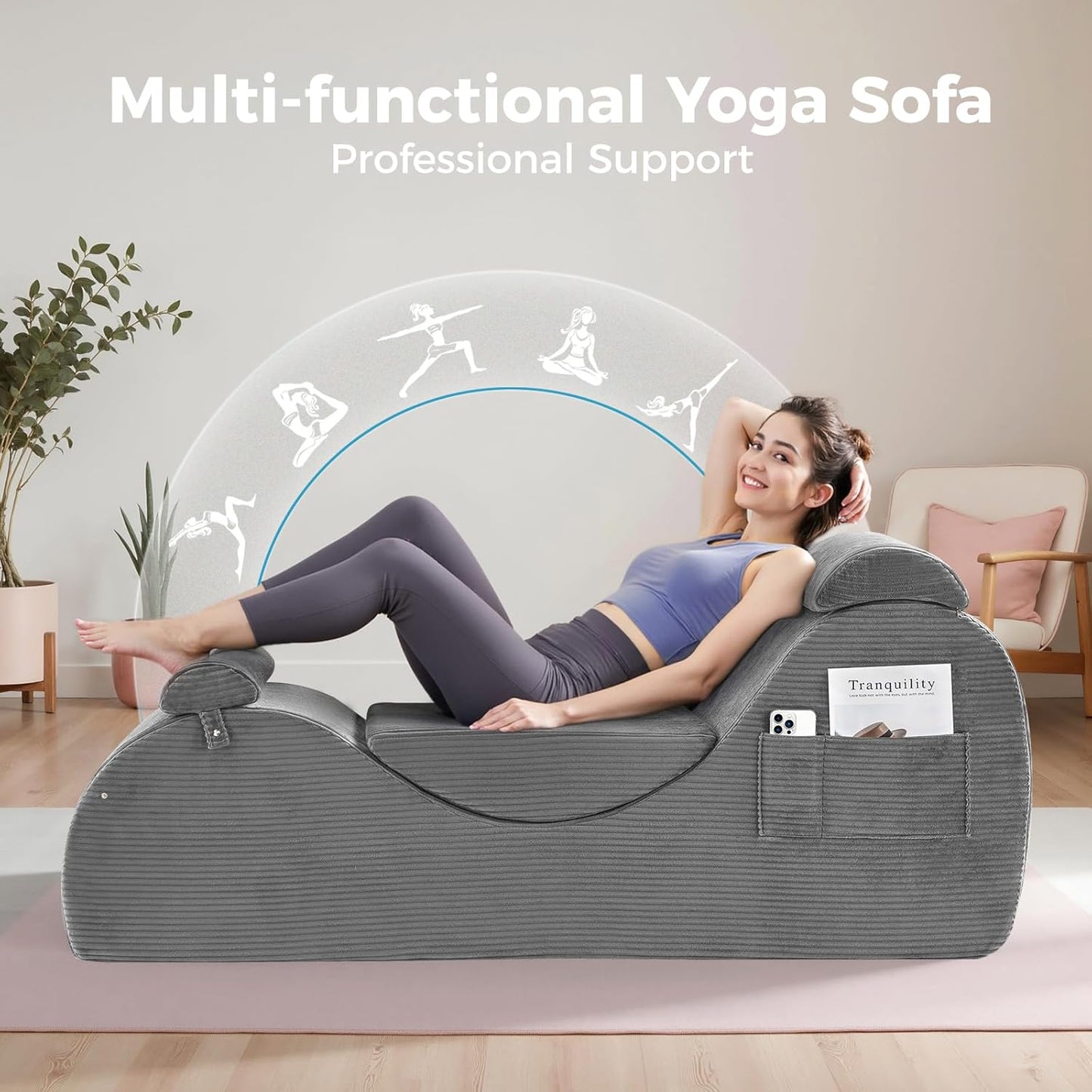 Yoga Chairs for Adults, Ergonomic Chaise Lounge Chair Indoor with Side Pocket, Lumbar Pillow, Ottoman, Yoga Chair Perfect for Stretching, Relaxation, Exercise, Used in Bedroom, Living Room（Grey）