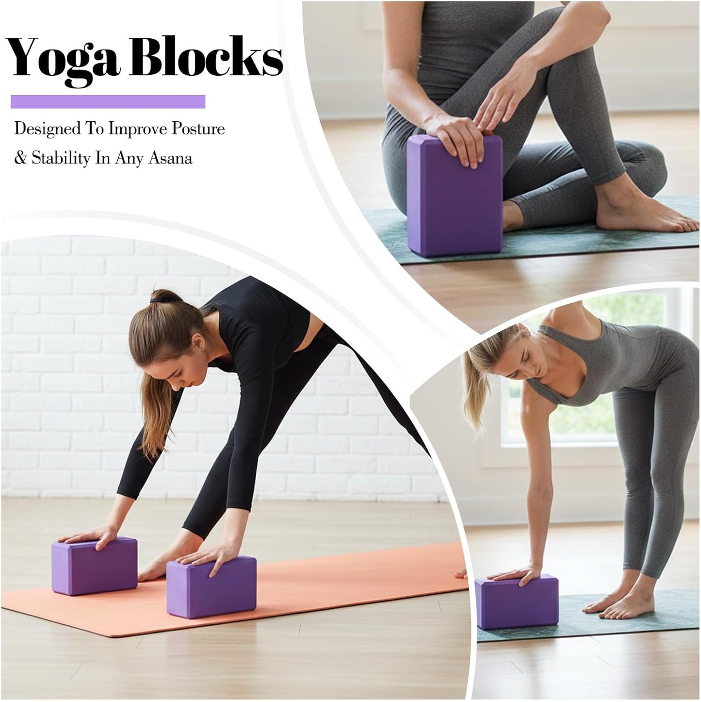 5 Pcs Yoga Blocks Knee Pads Yoga Strap Set, Soft Premium Foam Blocks Accessories for Pilates Meditation General Fitness Stability, Kneeling, Balance, Deepen Stretches and Toning (Purple)