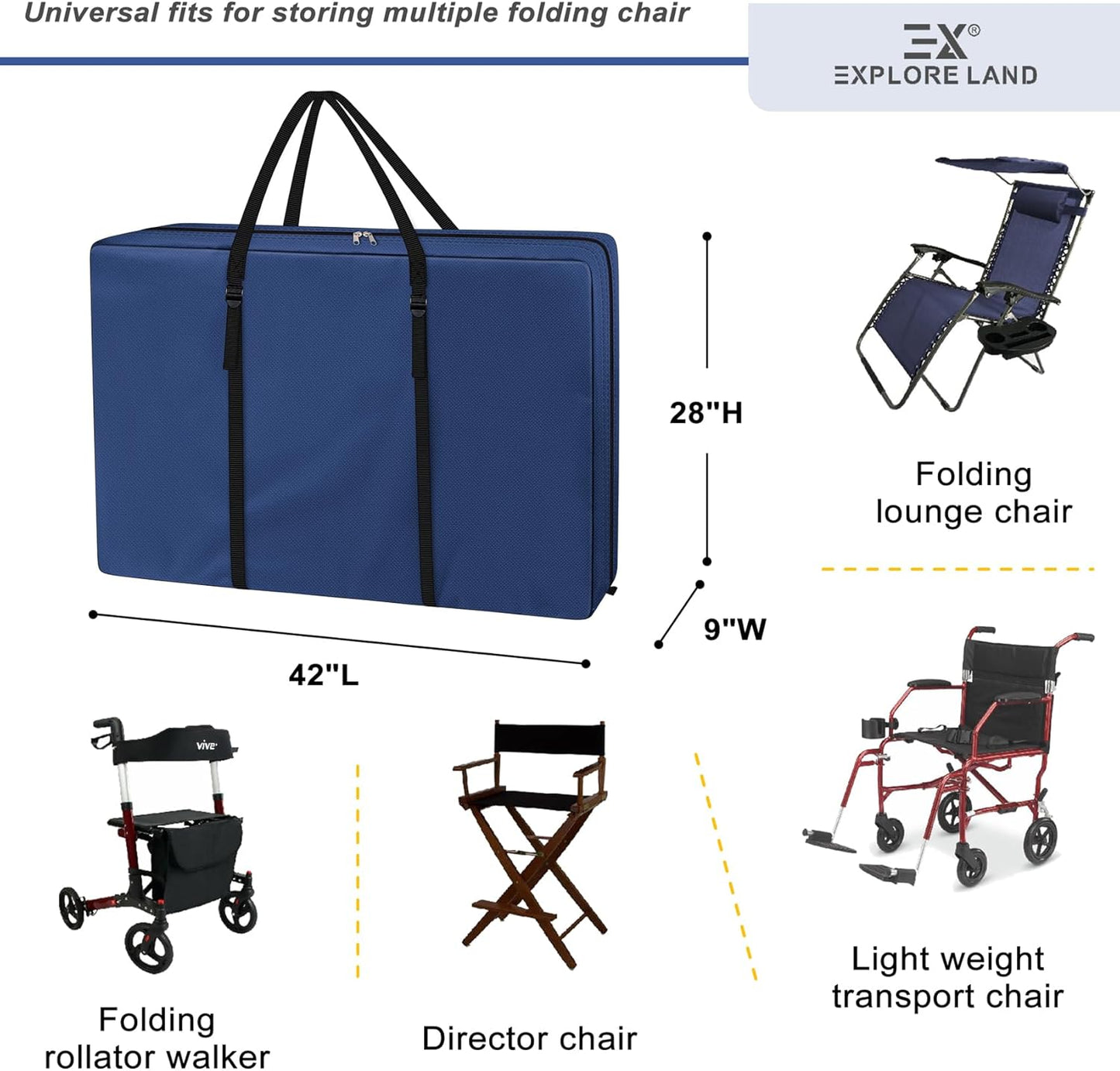 Explore Land Heavy Duty Chair Storage Bag for Folding Longue Zero Gravity Light Weight Transport Folding Rollator Walker (Black)