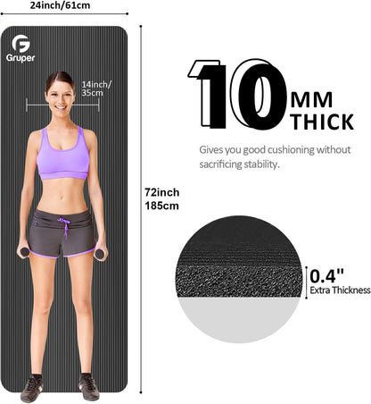 Gruper Yoga Mat Non Slip NBR Extra Thick Yoga Mat, 72"L x 32"/24"W x 0.6"/0.4"TH (185cm x 80cm/61cm x 15mm/10mm), Anti-Tear Exercise Mat with Carrying Strap and Bag, Workout Mats for Yoga, Pilates