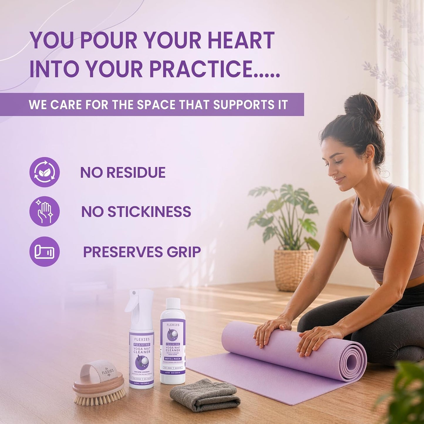 Flexies Foaming Yoga Mat Cleaner Spray Kit, Plant Based Non Toxic Mat Cleaner with Brush and Microfiber Cloth, Yoga Essentials for Women and Men, Pilates Mat Care, Lavender