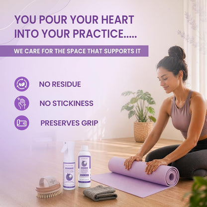 Flexies Foaming Yoga Mat Cleaner Spray Kit, Plant Based Non Toxic Mat Cleaner with Brush and Microfiber Cloth, Yoga Essentials for Women and Men, Pilates Mat Care, Lavender