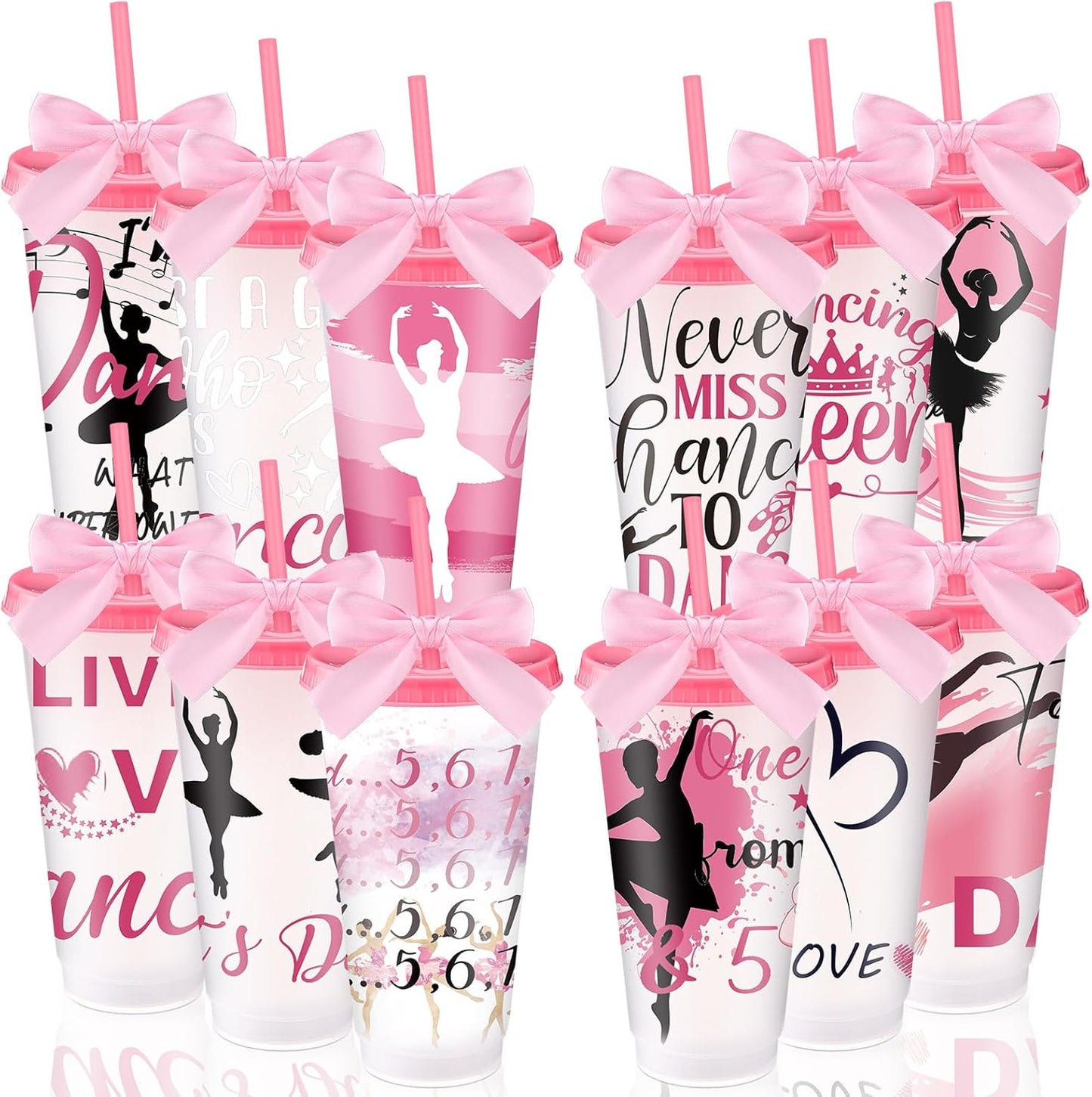 Geyoga 12 Pcs Yoga Dancer Appreciation Gifts Bulk for Women 24 oz Plastic Ballet Dance Reusable Tumbler Cup with Lid Straw Ribbon Bow for Dancer Team Gift Performance Competition Birthday Party Favor