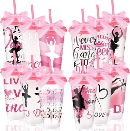 Geyoga 12 Pcs Yoga Dancer Appreciation Gifts Bulk for Women 24 oz Plastic Ballet Dance Reusable Tumbler Cup with Lid Straw Ribbon Bow for Dancer Team Gift Performance Competition Birthday Party Favor