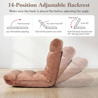 Giantex Folding Floor Chair with Back Support, 14 Adjustable Position, Padded Sleeper Bed, Couch Recliner, Gaming Floor Chairs for Adults, Meditation, Living Room (TAN)