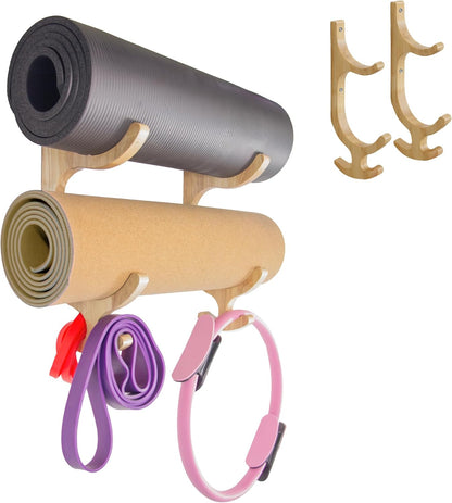 Tapeera Wooden Yoga Mat Holder Wall Mount - Yoga Mat Storage Rack - Home Gym Equipment Storage & Organizer - Resistance Band Wall Mount - Home Gym Accessories Wall Rack - Workout Storage Organizer