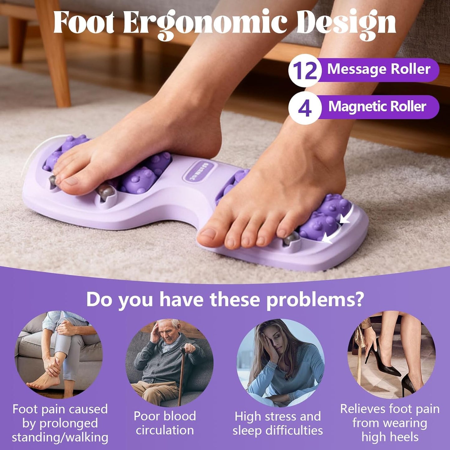 Portable Double Foot Massage Roller for Plantar Fasciitis Relief, Dual Acupressure Therapy for Pain & Stress Relief, Reflexology Tool for Improved Circulation at Home or Office (Purple)
