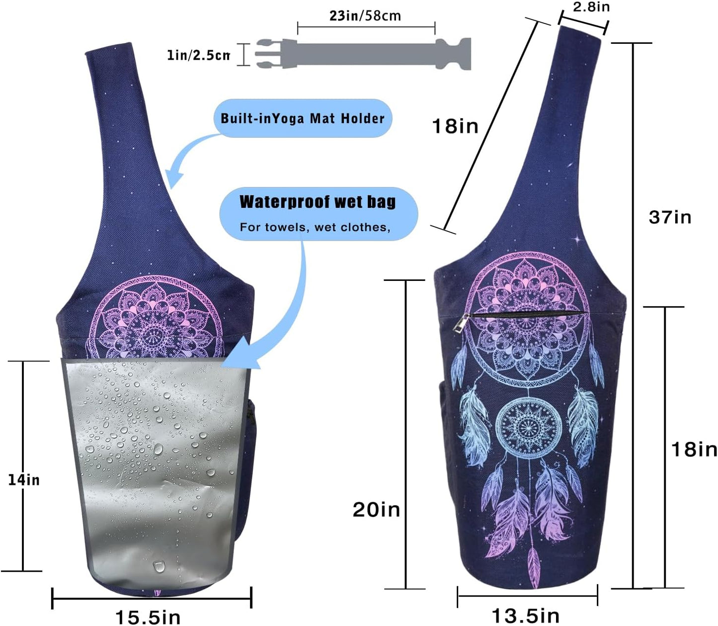 Yoga Mat Bag - Large Opening Long Tote Yoga Mat Carrier Holder Bag with Waterproof Wet Zipper Pocket and Drawstring Water Bottle Pocket - Yoga Bag Fit Most Size Mats