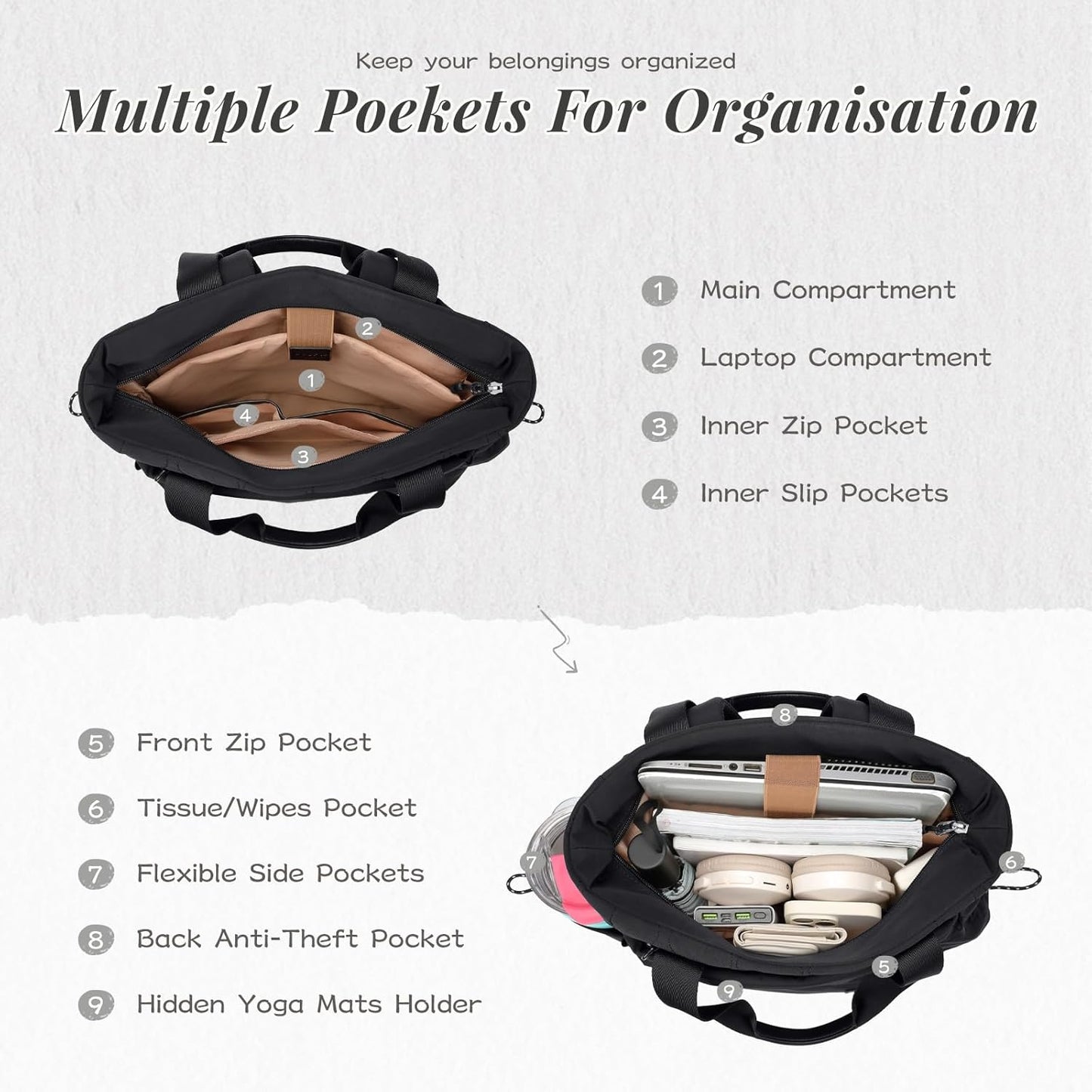 GOLF SUPAGS 3-in-1 Laptop Tote Backpack for Women 15.6" Quilted Work Gym Bag with Hidden Yoga Mat Carrier for Travel Leisure (Gravel Brown & Beige)