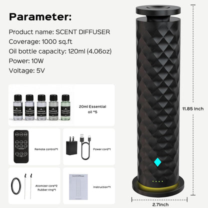 Waterless Scent Diffuser Starter Kit – Remote Control Cold Air Scent Diffuser Oil Machine with 5 Oils 1000 Sq Ft Coverage Quiet Nebulizing Aromatherapy for Home Office Bedroom & Spa