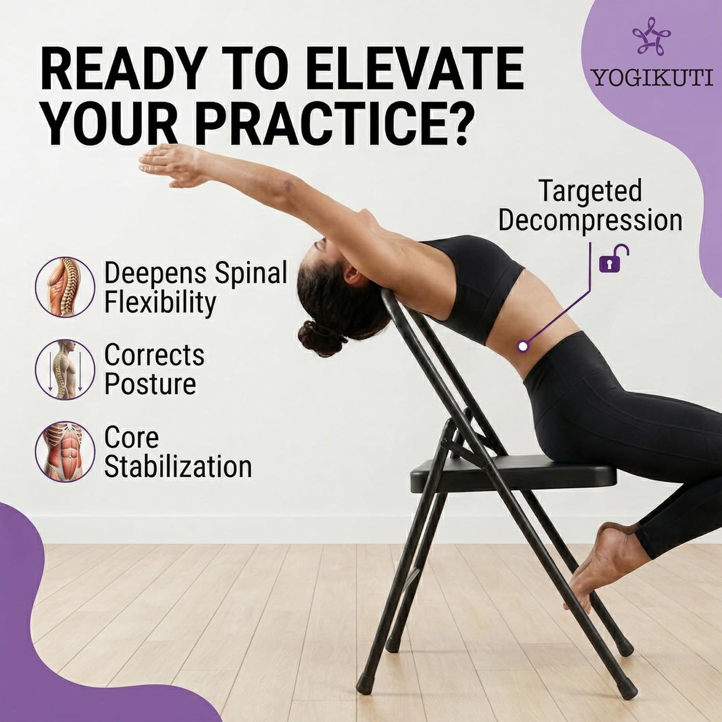 Yogikuti Standard Yoga Chair – Backless Folding Chair for Iyengar & Restorative Yoga Practice, Sturdy Metal Frame Chair for Support, Balance, Stretching, Meditation & Therapy Exercises (Black)