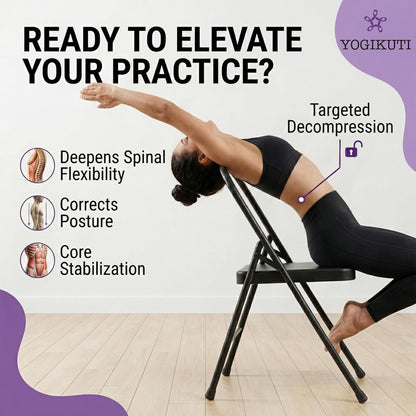 Yogikuti Standard Yoga Chair – Backless Folding Chair for Iyengar & Restorative Yoga Practice, Sturdy Metal Frame Chair for Support, Balance, Stretching, Meditation & Therapy Exercises (Black)