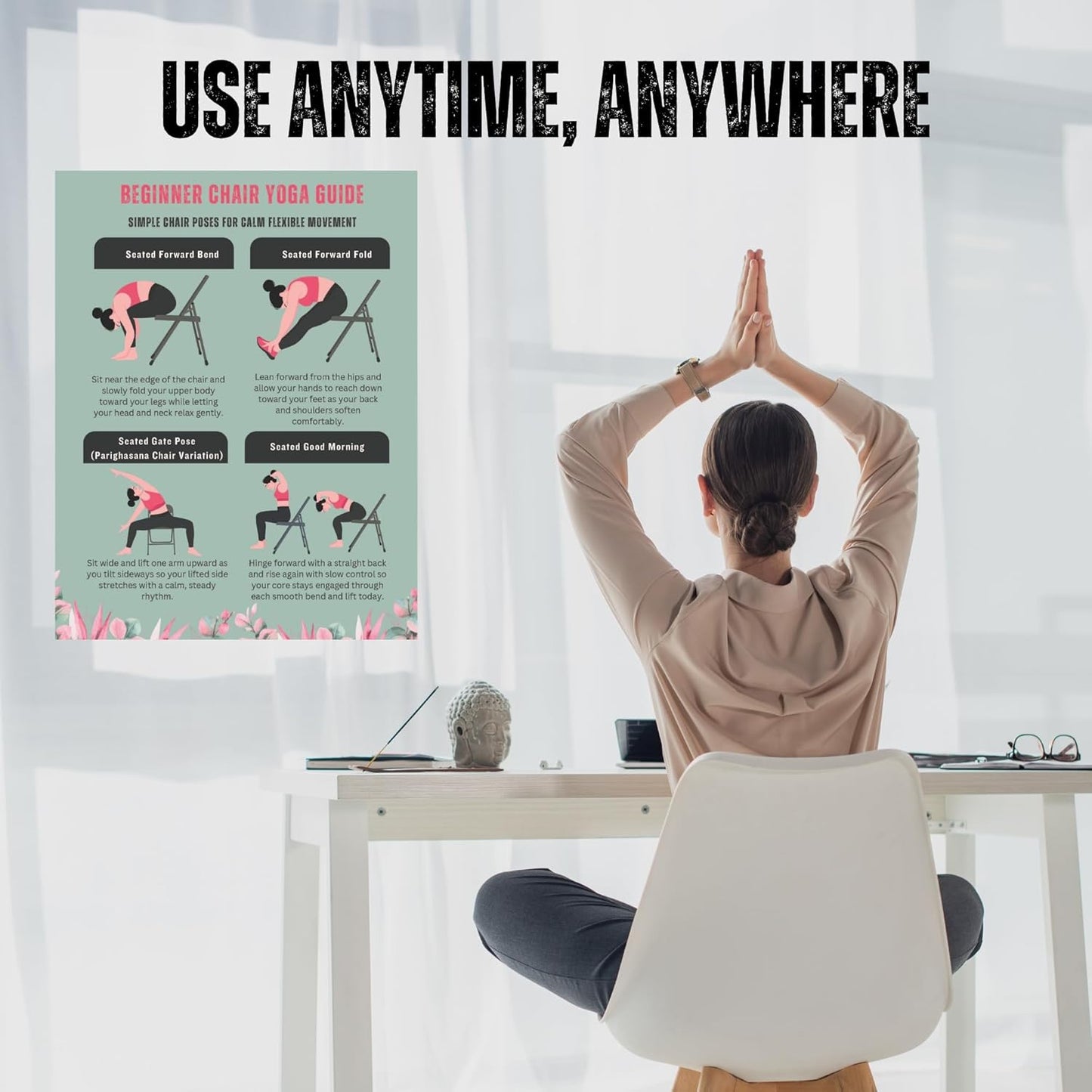 Chair Yoga Exercise Chart for Seniors and Beginners, 3-Level Program, Seated and Chair-Assisted Poses, Flexibility, Balance and Pain Relief, Large Workout Poster