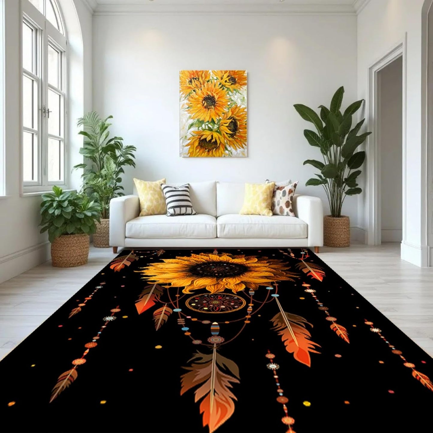 You are My Sunshine Sunflower Area Rug 6x8ft Beautiful Bee Butterfly Rug Indoor Low Pile Non-Shedding Carpet for Contemporary Retro Living Room Bedroom Yoga Mat Washable Non-Slip Rugs