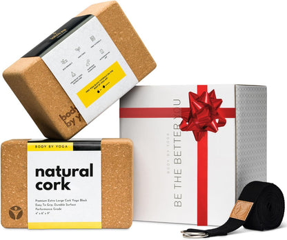 Cork Yoga Blocks 2 Pack – High Density Non Slip with Select Cork Grain for Chip-Resistant Durability | Extra Thick 4” for Support & Stability | Natural, Smooth, and Crumble Free | Body By Yoga