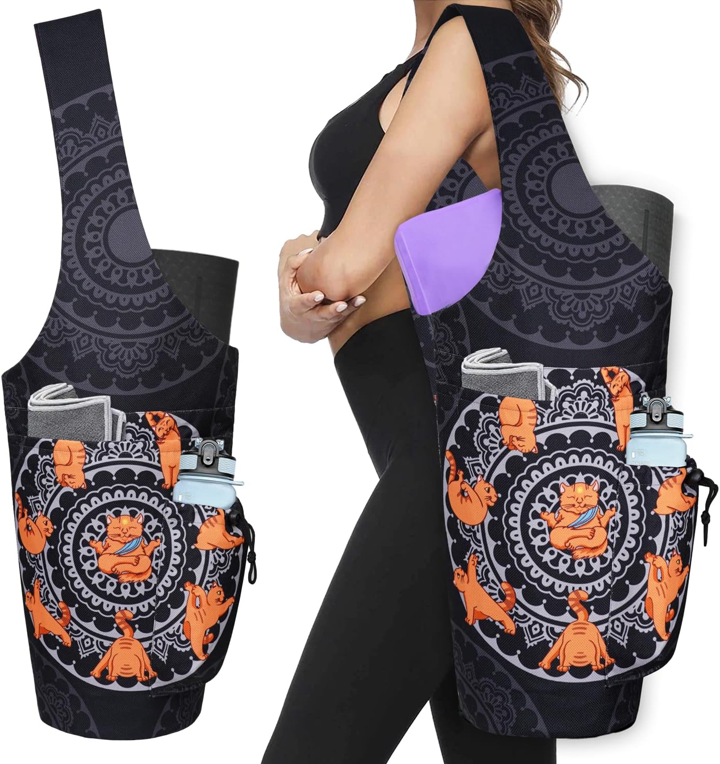 Yoga Mat Bag - Large Opening Long Tote Yoga Mat Carrier Holder Bag with Waterproof Wet Zipper Pocket and Drawstring Water Bottle Pocket - Yoga Bag Fit Most Size Mats