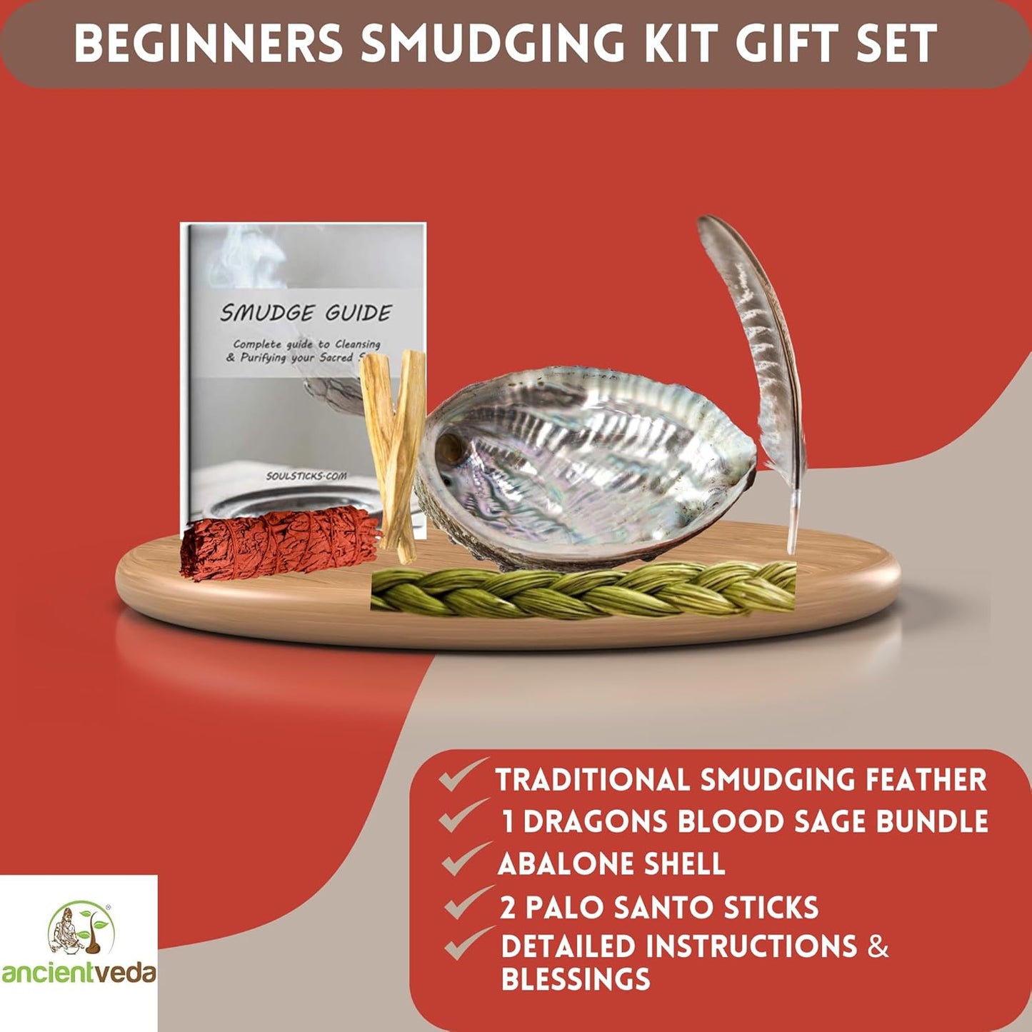Ancient VEDA Organic Smudge Kit – Yerba Santa, Palo Santo, Sweetgrass Braid, Feather & Smudge Guide | Home Cleansing Kit for Meditation, Yoga, Energy Healing & Gift (Starter Kit, Yerba Santa Sage)