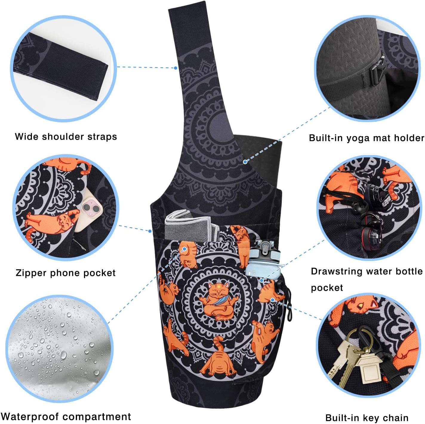 Yoga Mat Bag - Large Opening Long Tote Yoga Mat Carrier Holder Bag with Waterproof Wet Zipper Pocket and Drawstring Water Bottle Pocket - Yoga Bag Fit Most Size Mats