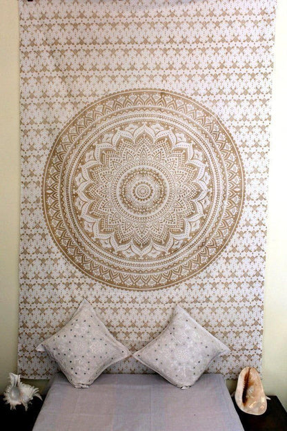 THE ART BOX Original Gold Tapestry Wall Hanging Mandala – Cotton Throw Tapestry – Boho Bedding White and Gold Medium Bedspread 54x60 Inches – Meditation & Yoga Rug Mat