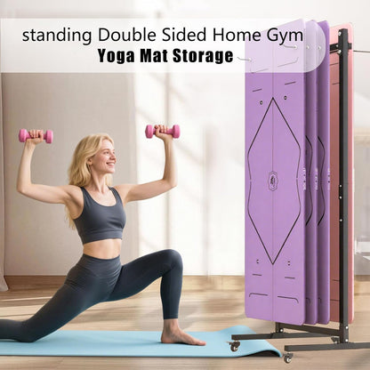 Yoga Mat Storage Rack on Wheels, Metal Yoga Mat Holder with Double Sided Hooks & Punching Tool, Rolling Organizer Cart for Home Gym, Exercise & Fitness Club