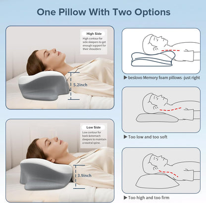 beslovo Cervical Neck Pillow for Pain Relief, Ergonomic Side Sleeper Pillow, Orthopedic Neck Support Contour Memory Foam Pillow for Side Back Stomach Sleepers, Ideal for Office Travel (Grey&White)