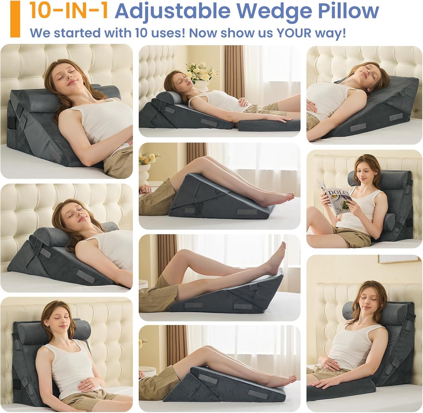 Sasttie Wedge Pillow Set for After Surgery, 2PCS Adjustable Bed Wedge Pillow Headboard with Memory Foam Neck Cushion – for Acid Reflux, Sleeping, Neck & Back Support, Dark Grey