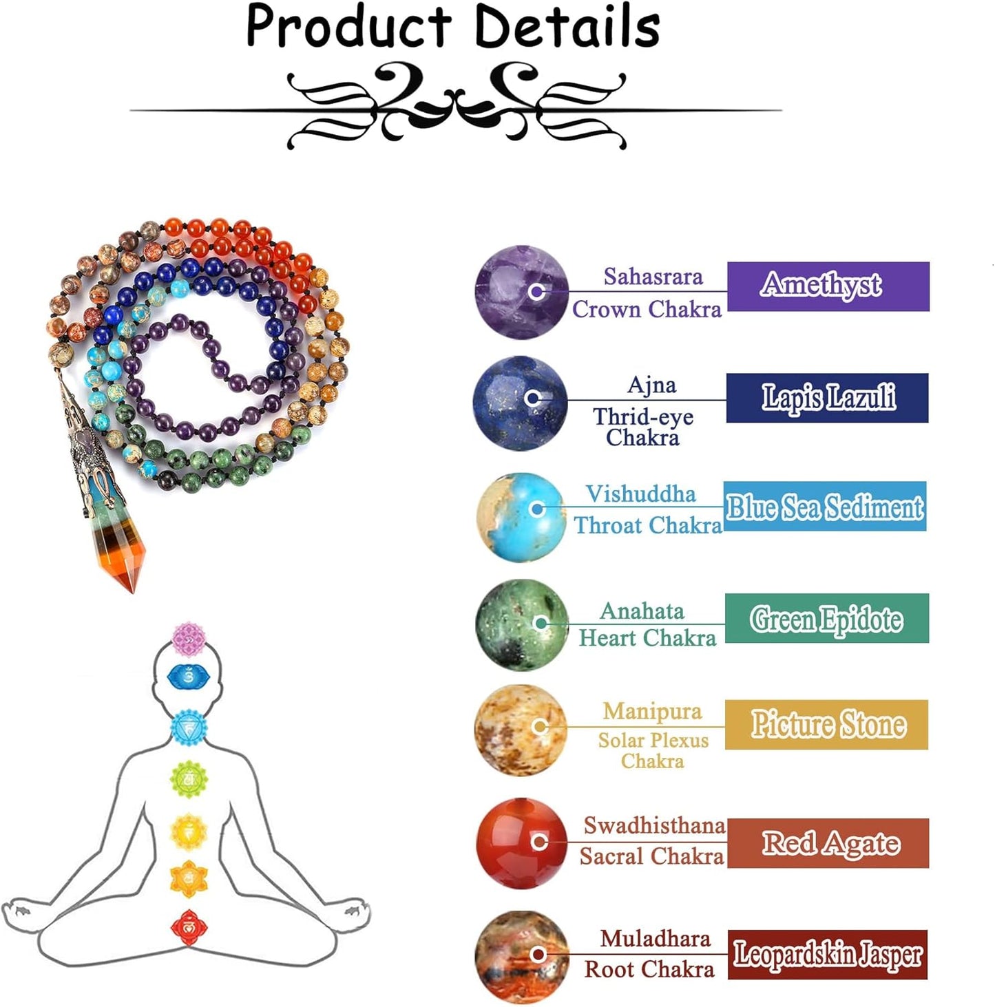GEHECRST Natural 7 Chakra 108 Mala Prayer Beads Necklace with Reiki Healing Crystal Pointed Pendant 6mm Gemstones Beads Necklace Mens Womens Jewelry for Meditation, Protection