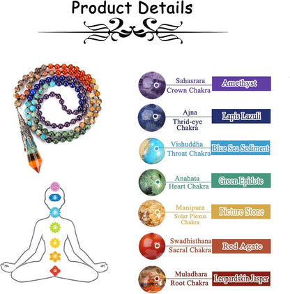 GEHECRST Natural 7 Chakra 108 Mala Prayer Beads Necklace with Reiki Healing Crystal Pointed Pendant 6mm Gemstones Beads Necklace Mens Womens Jewelry for Meditation, Protection