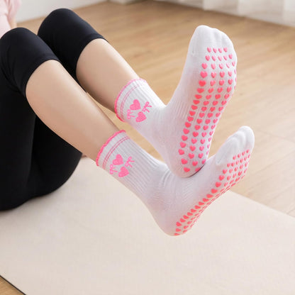 2 Pairs Cute Pilates Grip Socks for Women Bow Nonslip Ruffle Frilly Yoga Socks Cotton Crew Grippy Workout Ballet Sock