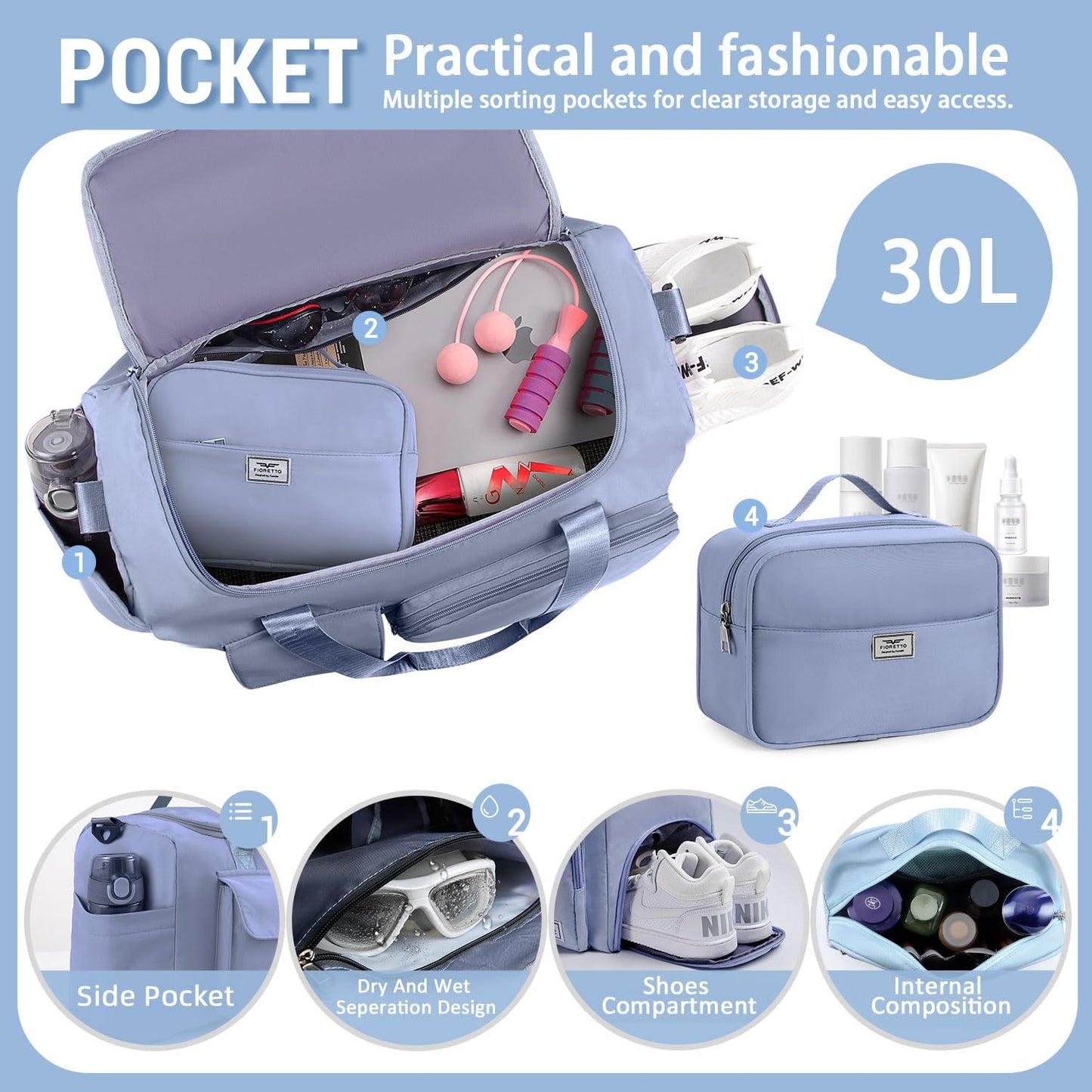 FIORETTO Women's Gym Duffle Bag with Shoes Compartment, 30L Capacity, Ideal for Travel, Gym, Sports, Duffel, Weekender