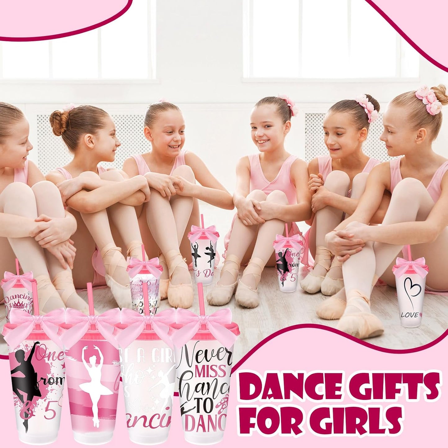 Geyoga 12 Pcs Yoga Dancer Appreciation Gifts Bulk for Women 24 oz Plastic Ballet Dance Reusable Tumbler Cup with Lid Straw Ribbon Bow for Dancer Team Gift Performance Competition Birthday Party Favor