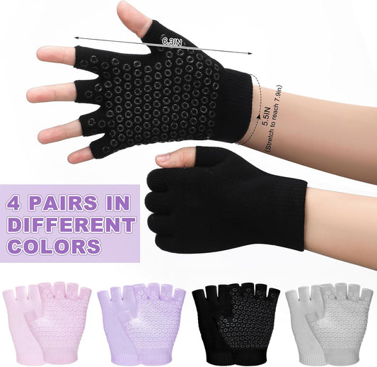 Eurzom 4 Pairs Fingerless Yoga Gloves with Grips for Women Silicone Dots Pilates Exercise Gloves Cotton Mittens Protection Equipments
