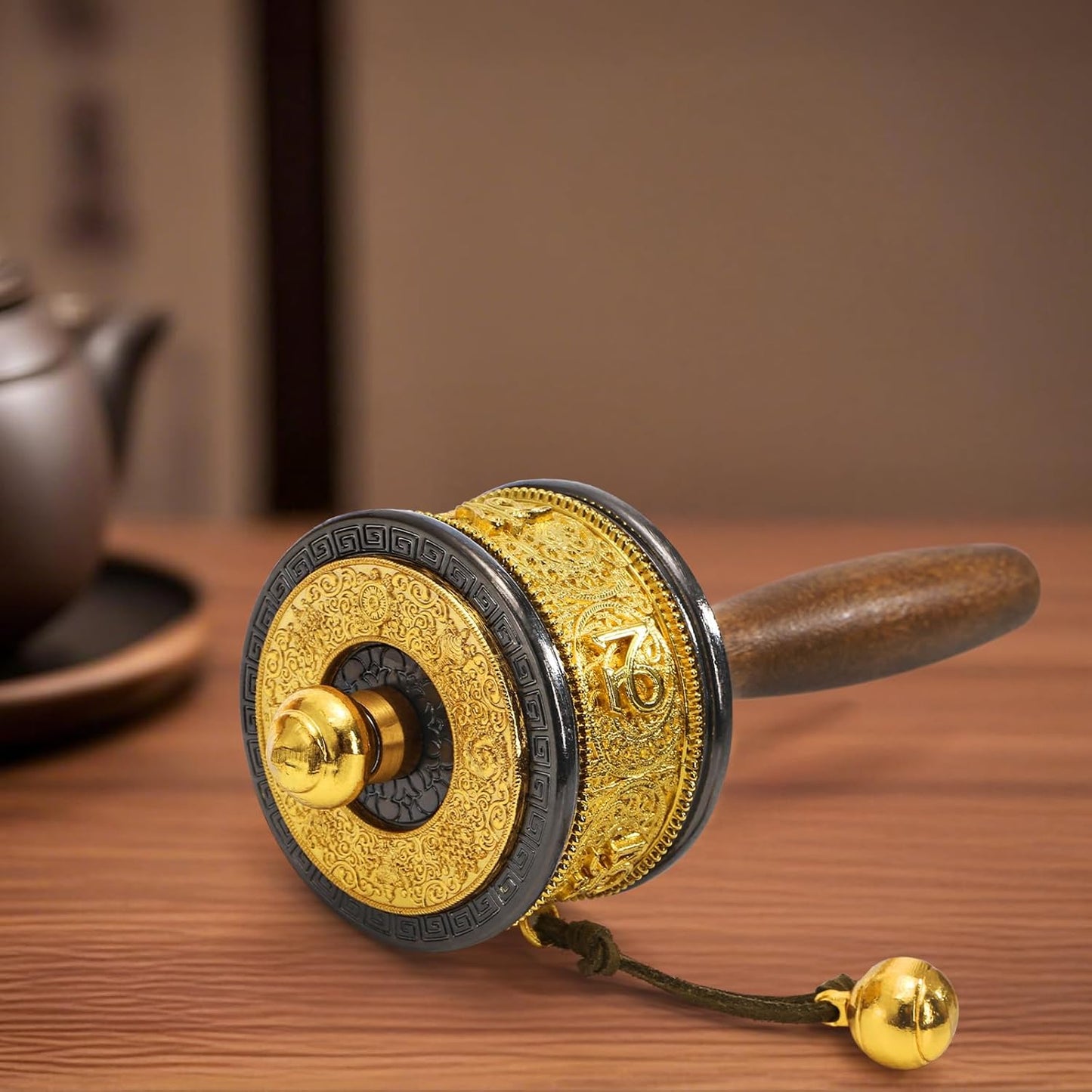 Foraineam Handheld Prayer Wheel with Tibetan Buddhist Six-Character Truth Buddha Scriptures, Wooden Handle Buddhist Turn Praying Instrument for Praying, Blessing, Yoga, Relaxing, Healing, Meditation