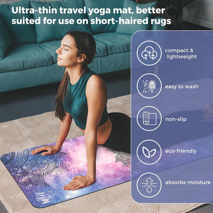 U&M 72'' x 27'' Travel Yoga Mat 1.5mm Thick - Foldable Non-Slip Natural Rubber Base & Suede Mat, Sweat-resistant Antibacterial Light Yoga Mat Material Cover for Women Men, Suitable for Beach Pilates Fitness