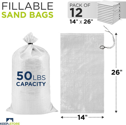 Heavy Duty Sand Bags Pack of 3, White Empty Sandbags with Built-In Ties, Woven Polypropylene UV Protection 1600 Hours, Fillable Sand Bags for Flood Control, Weight, 10x14 inches, 15 Pounds Volume