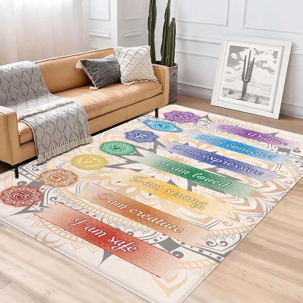 Chakra Area Rug, Meditation & Yoga Carpet for Living Room, Bedroom Mandalas Boho Style Non-Slip Machine Washable Rugs for Women Adults Yoga Lovers Bohemian Floor Mat Office Decor (YOGA-DS01)