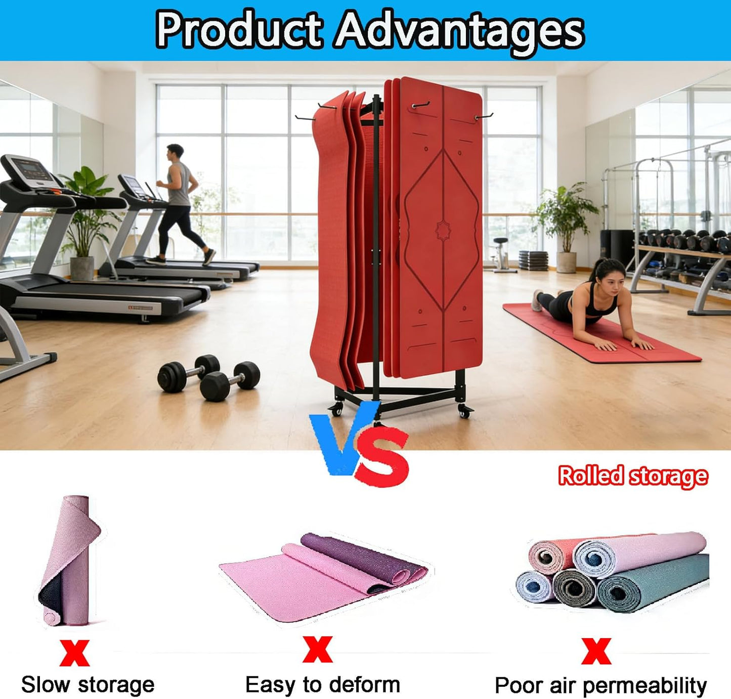 Yoga Mat Holder Hanging, Floor Rolling Yoga Mat cart, Large Capacity Storage Rack, with Includes hole punch, Metal square tube storage shelf for Home Gym, Fitness Club,Yoga Studio (Black)