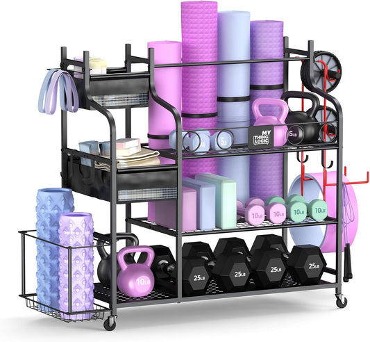 Mythinglogic Weight Rack for Dumbbells, Home Gym Storage for Yoga Mat Dumbbells Kettlebells and Strength Training Equipment, Dumbbell Rack with Wheels and Hanging Hooks (Black)